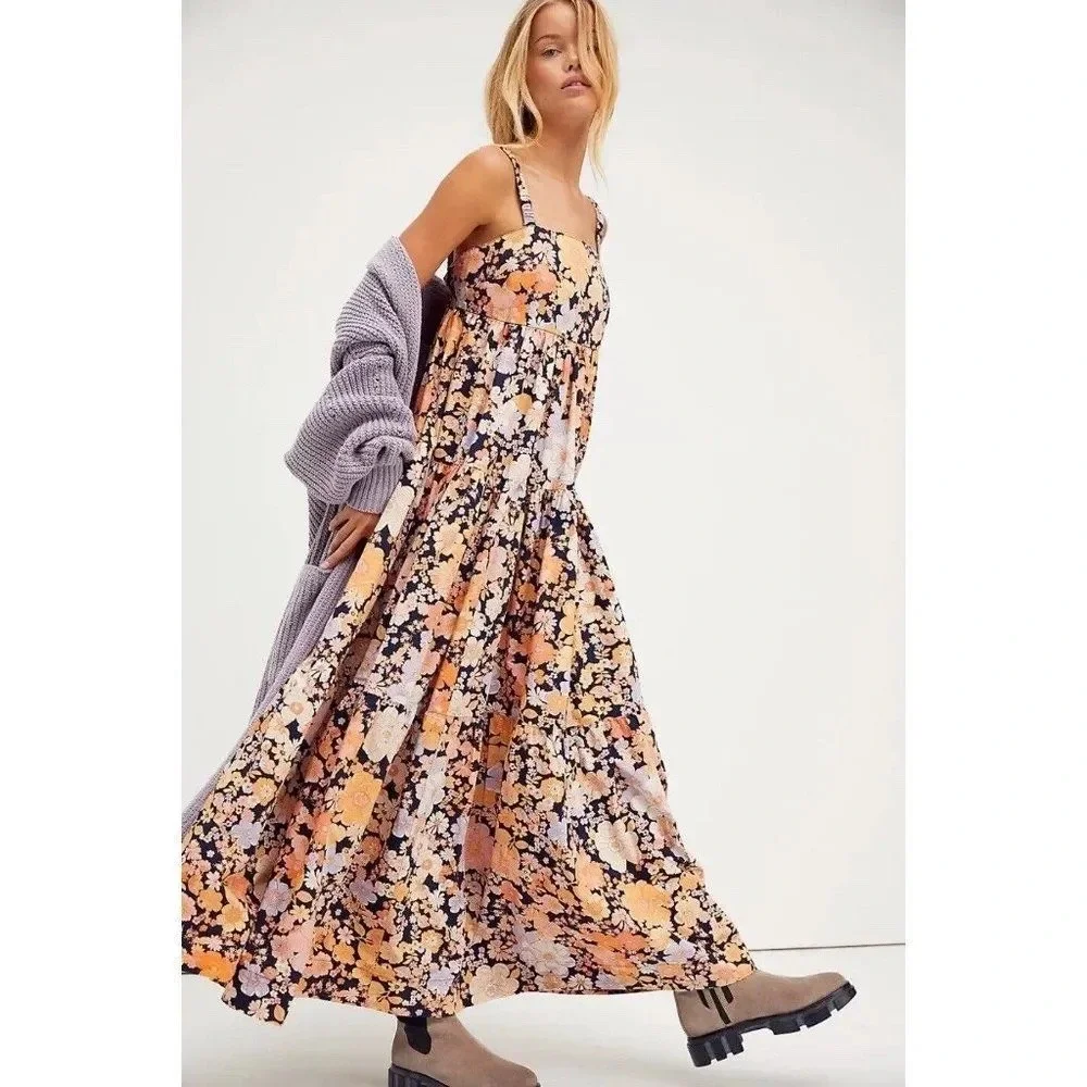 Free People Park Slope Floral Cotton Maxi Dress Navy Combo M Summer Vacation